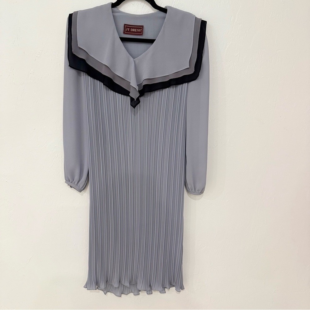 JT Dress pleated dress grey black layered collar‎ long sleeve size S - Picture 2 of 8